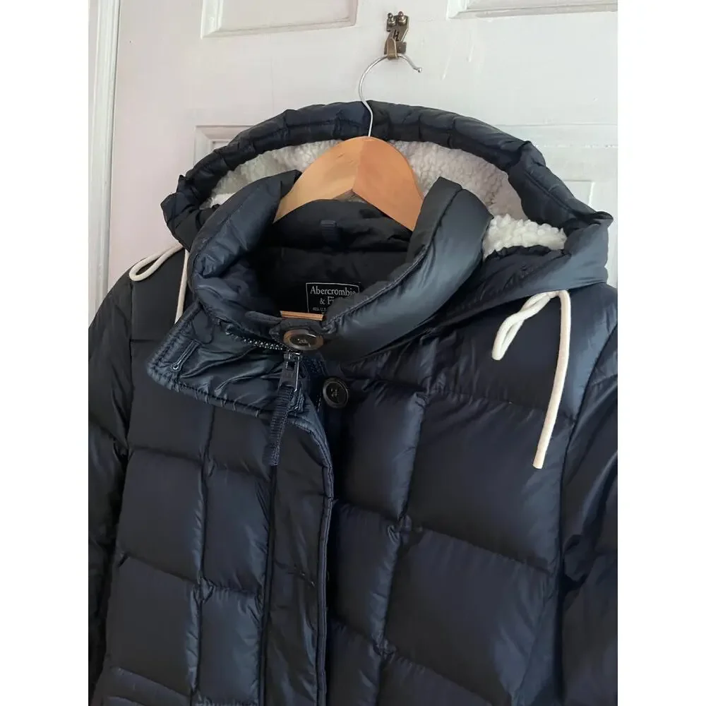 Abercrombie Sherpa Hood Down Puffer Coat Navy Blue Parka Jacket Small S 18x29